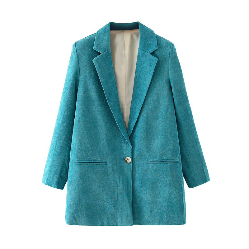 

2021 New in Fall Europe and the United States Women' Lake Blue Corduroy a Grain of Buckle Female Suit Jackets Mpmd, See chart