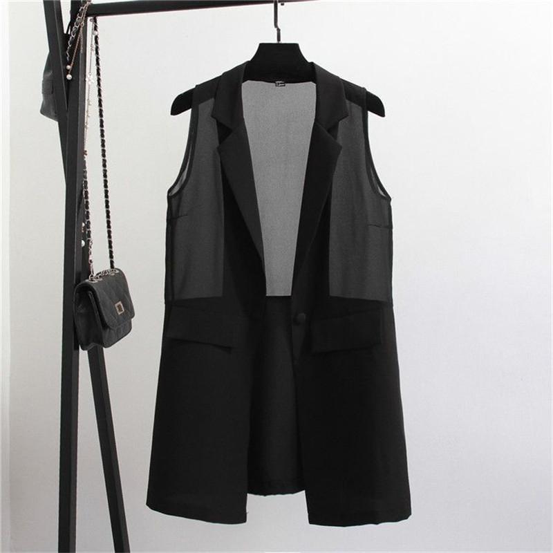 

2020 Summer Women Long Chiffon Blazer Vest Coat Thin Elegant Office Lady Sleeveless Vests Jacket Outwear Casual WaistCoat M31, Black