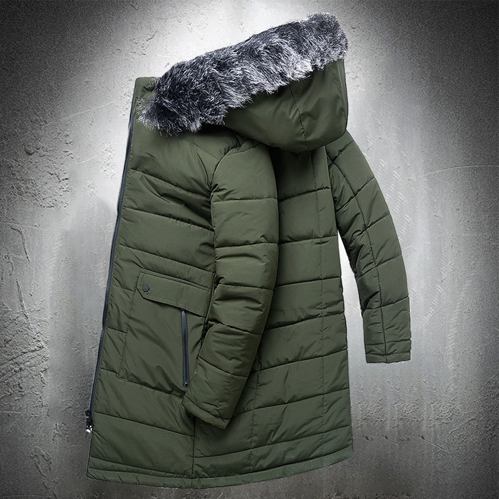 

Men's winter coat cotton quilted man's leather warm outdoor long with hoodie jacket, Green