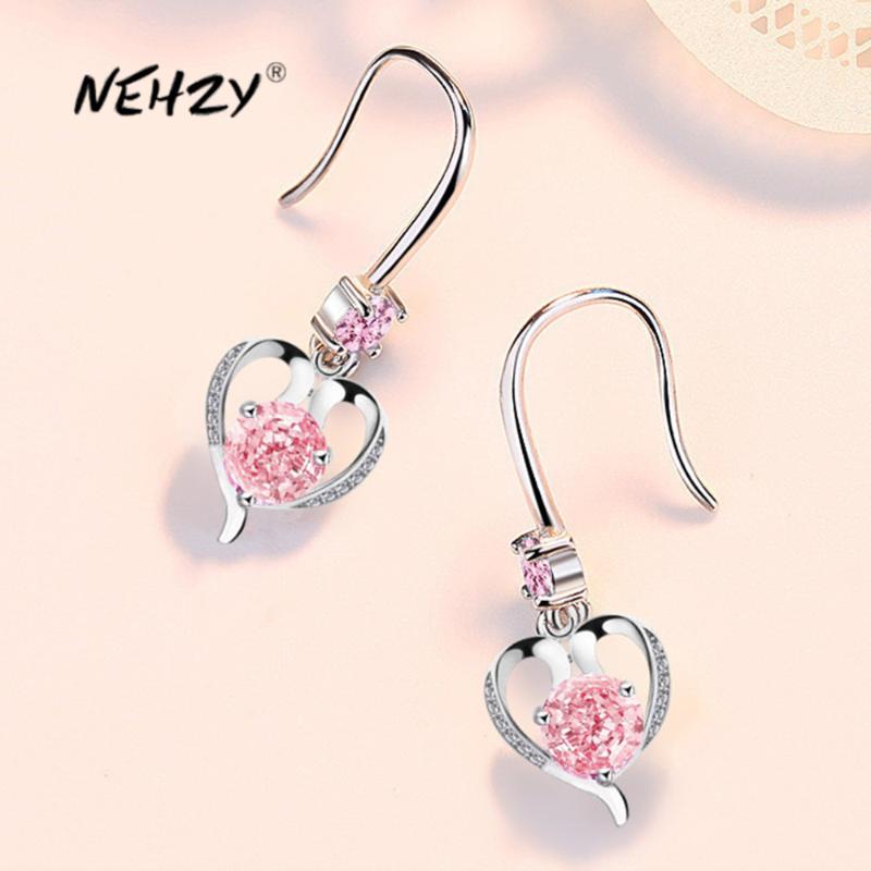 

NEHZY 925 sterling silver new woman fashion jewelry blue pink crystal zircon heart-shaped long tassel retro hollow hook earrings