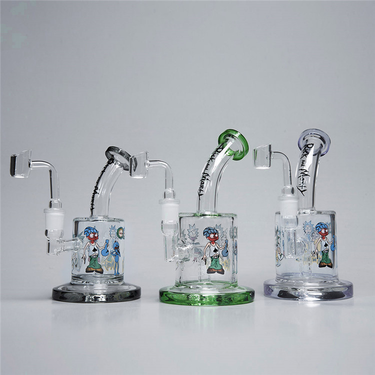 

US Stock Rick And Morty Glass Bong Hookahs Glass Water Pipes Beaker Recycler Bongs Dab Rig Oil Burner Ash Catcher Hookah FY2262