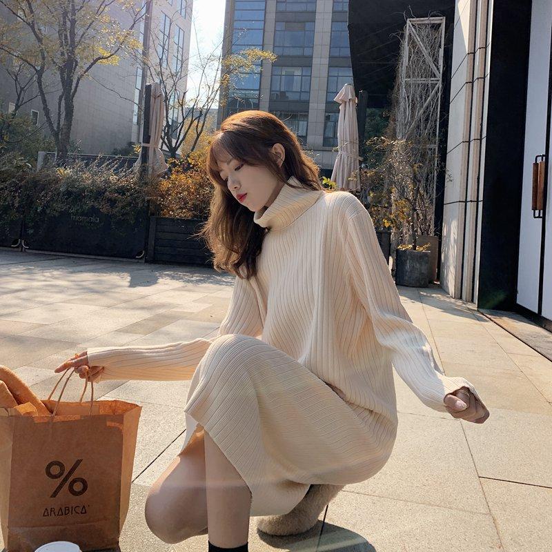 

Autumn Winter Women Dress Korean Style Sweater dress Knitted Turtleneck Loose Straight Female bing vestido de mujer 2020 HOT, Beige