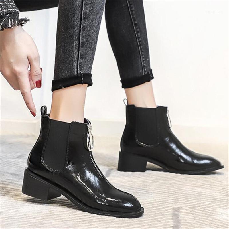 

Autumn Winter Women Ankle Boots Round Toe Mid-heel Zipper British style Motorcycle Boots 02A1, Black