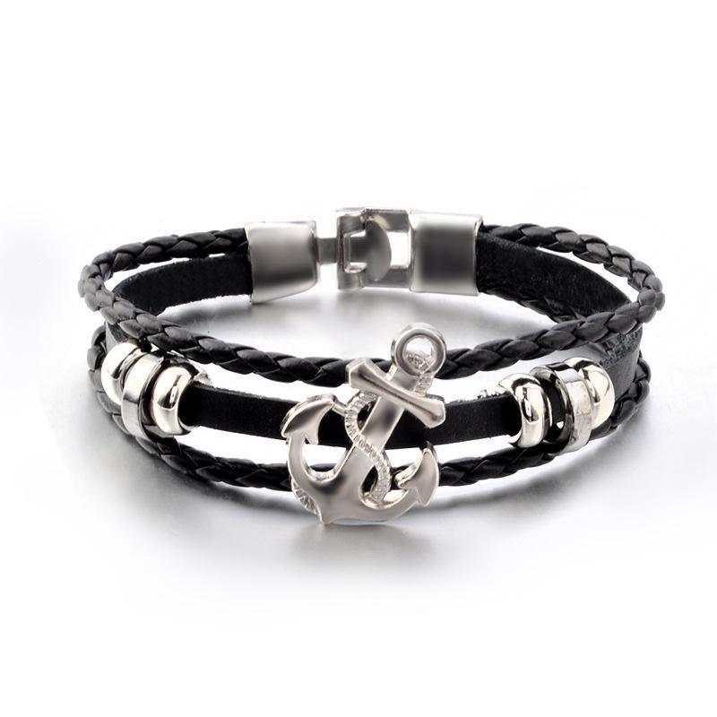 

Bangle Selling Fashion Punk Style Black Multi-Layer Braided Anchor Leather Men's Bracelet For Personality Charm Jewelry Gifts