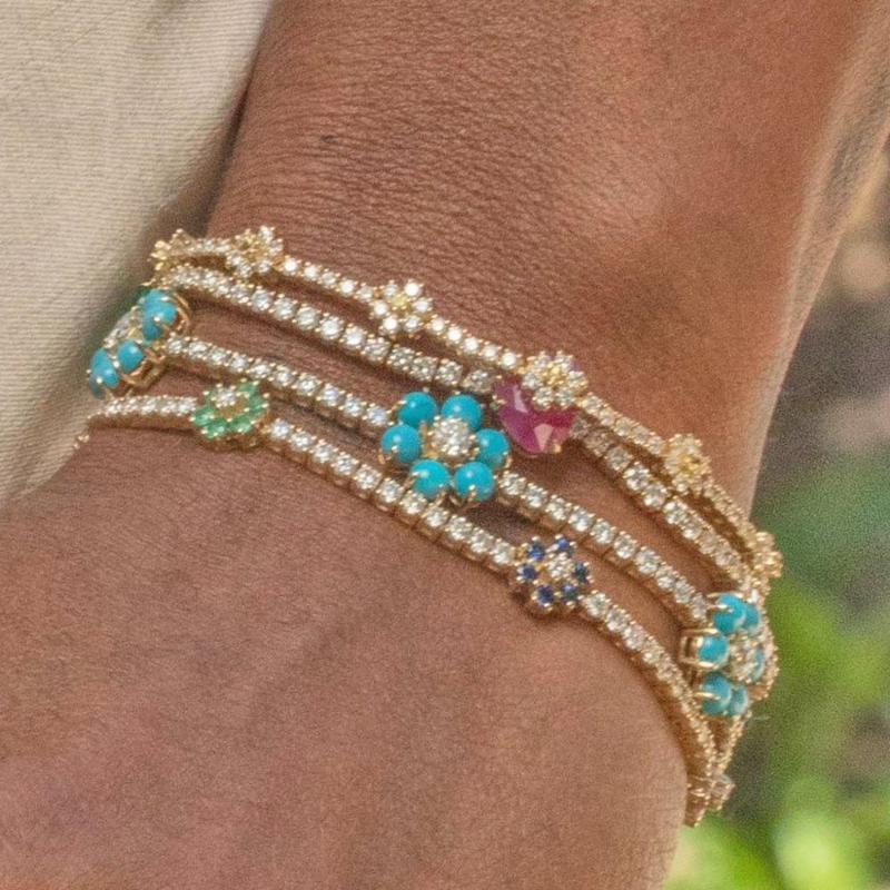 

2021 high quality iced out bling clear pink 5A cz rainbow colorful flower tennis chain charm bracelet for women delicate jewelry