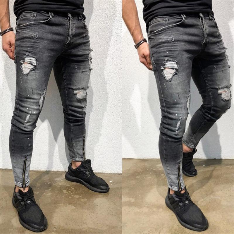 

Men' Skinny Stretch Denim Pants Distressed Ripped Freyed Slim Fit Fashion The Locomotive Jeans Trousers Men Pencil Pants, Black