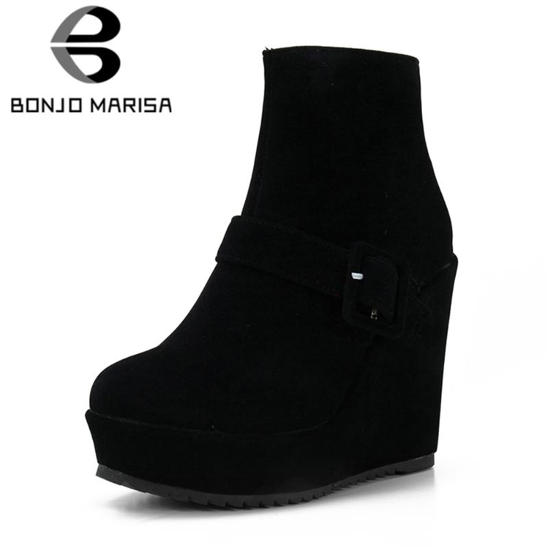 

BONJOMARISA 2020 Winter Plus Size 34-44 Elegant Fur Platform Ankle Boots Women Buckle Decoration Wedges High Heels Shoes Woman, Black