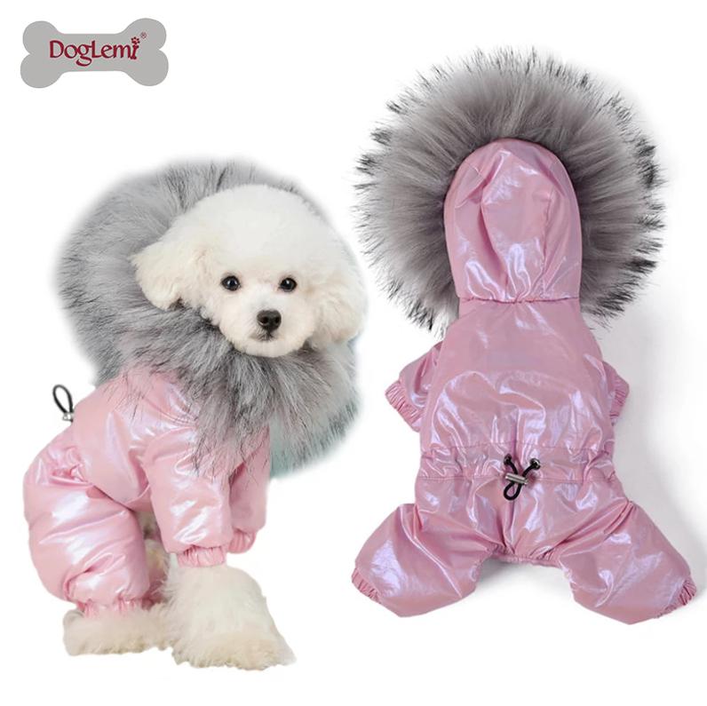 

DogLemi Luxury Fur Collar Dog Clothes Waterproof Windproof Pet Overalls for Adjustable Waist Warm Puffy Pet Clothes Hair Free, White