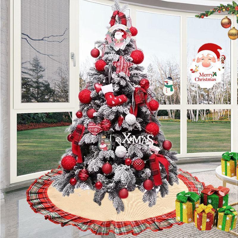 

2021 Christmas Tree Skirt Linen Lattice Tree Carpet Xmas Floor Decorations For Home Hotel Xmas Skirts New Year Decor1