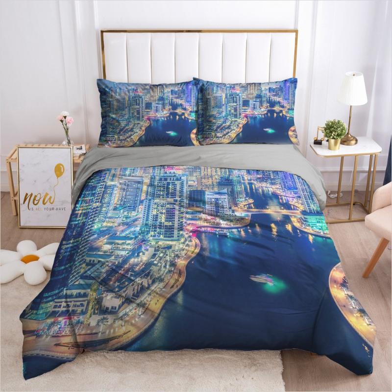 

3D Design Duvet Cover Sets Bedding Set 3pcs Quilt Covers Blanket Case Bed Linens City Views King Queen Size Home Textile, City006-black-d