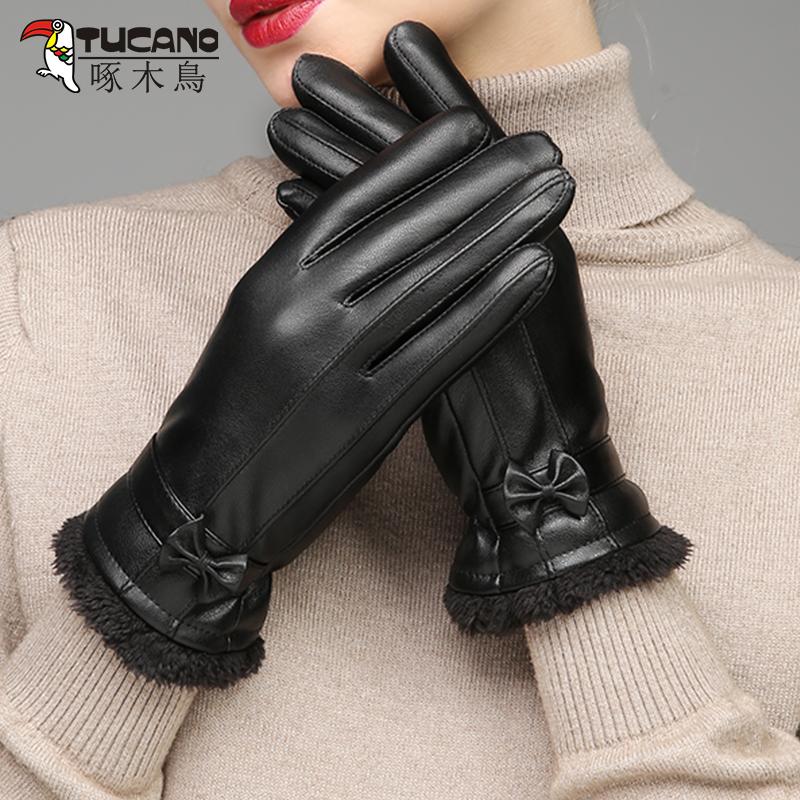 

Fashion gloves women Leather gloves Thicken Warmth Winter Cycling black Waterproof Windproof touch screen
