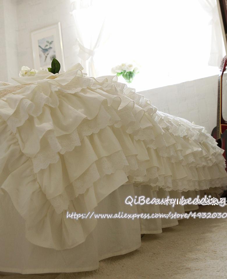 

Elegant pure color beige lace and bowknot bed skirt cotton pink princess duvet cover comfortable bedding
