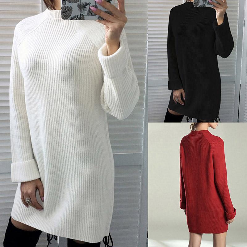 

2020 New Fashion Winter Autumn Womens Casual Long Sleeve Jumper Turtleneck Sweaters Dress, Black