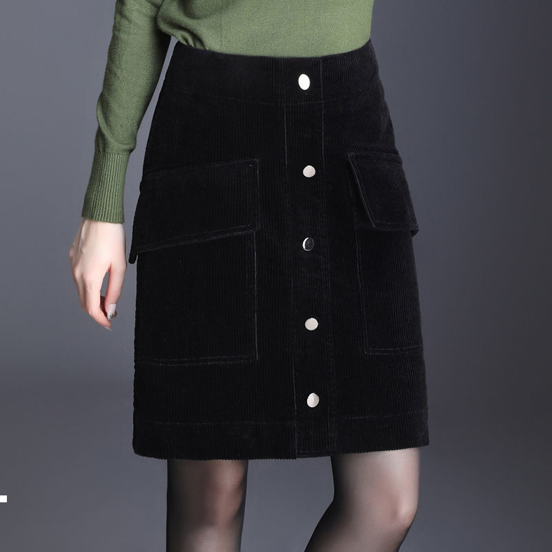 

autumn 2021 New high velvet pockets the vintage at knee height skirt for woman plus size 4xl y422 SCSQ, Heise