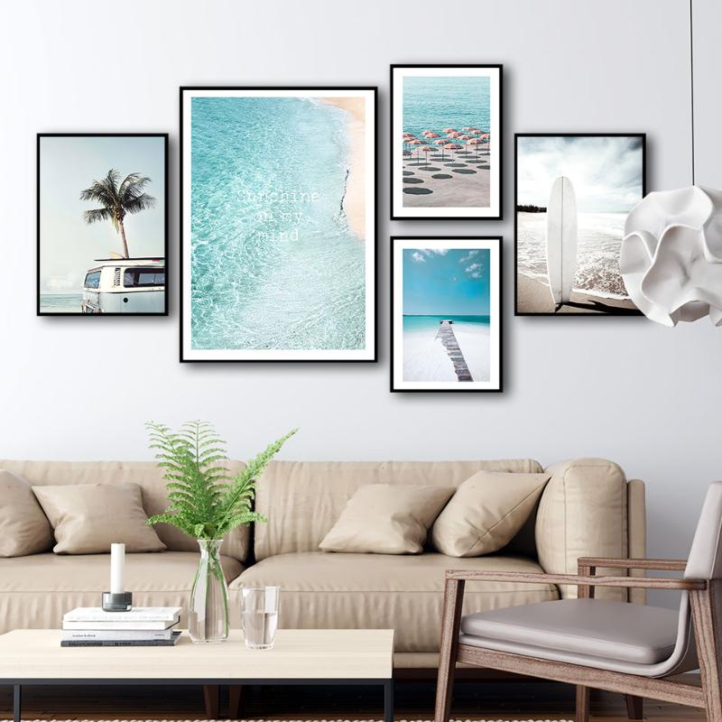 

Holiday Sandy Beach Poster Nordic Photography Canvas Painting Surf board Wall Art Pictures For Living Room Modern Prins Unframe