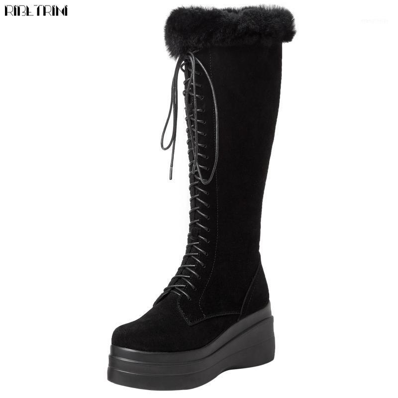 

RIBETRINI Chic Cow Suede Leather Great Quality Keep Warm Fur Platform Wedges Heels Knee High Snow Boot Winter Shoes Boots Women1, Black