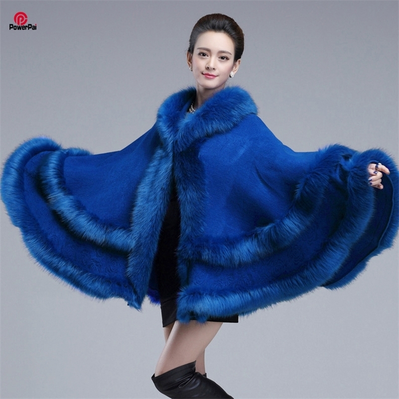 

EuropeStyle Fashion Double Fox Fur Coat Cape Hooded Knit Cashmere Cloak Cardigan Outwear Plus Size Women Winter New Shawl 1.1kg 201212, Navy blue