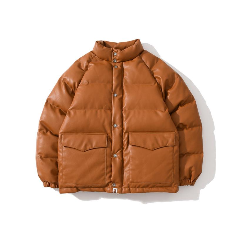 

Jacket Fall Winter Men Thick Pattern Brown Casual PU Leather Coat Warm Heated Padded Clothing with Zipper