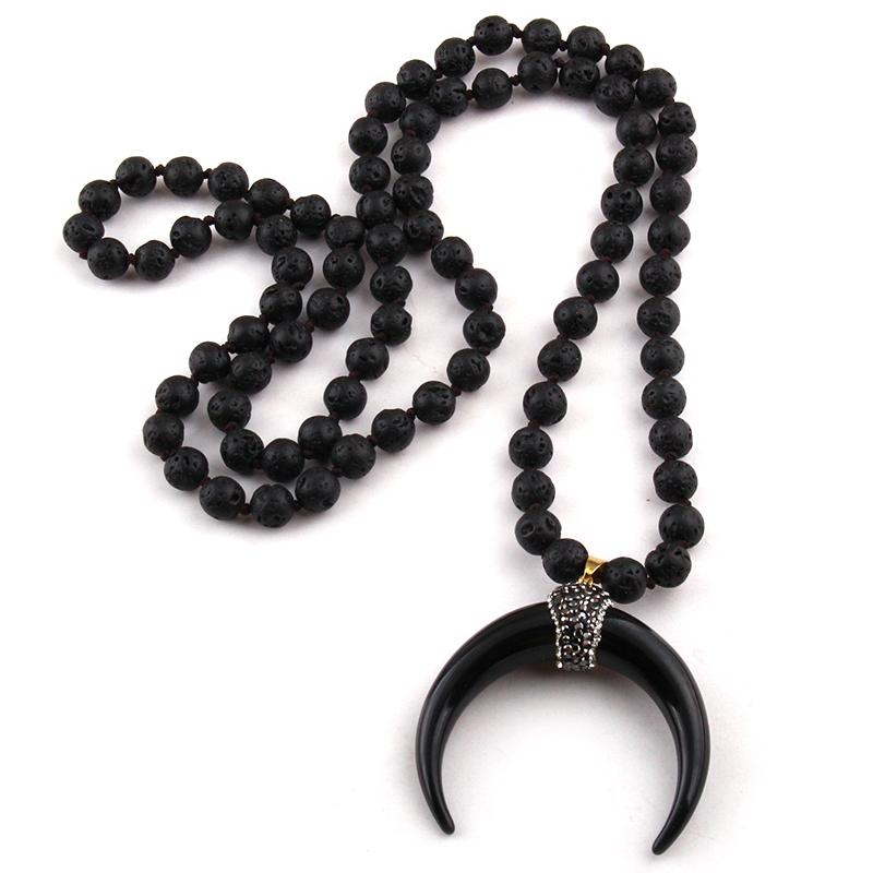 

Free Shipping Fashion Stones Long Knotted Ox Horn Moon Pendant Necklace Lariat Necklaces