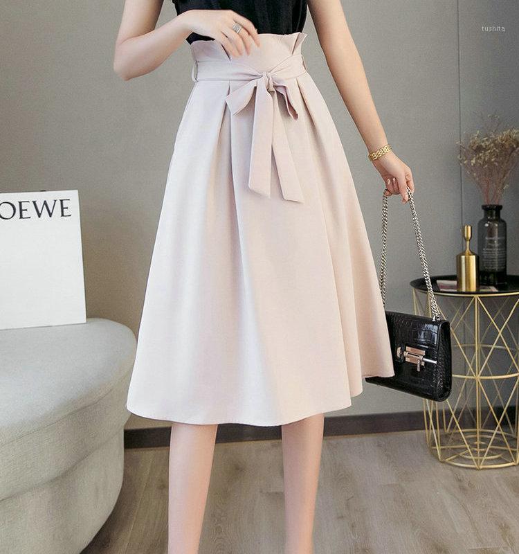 

Korean Style Solid Big Swing A-line Skirt Women High Waist Bow Lace-Up Knee-length Skirts Womens Vintage Pleated Skirt MY21641, Black