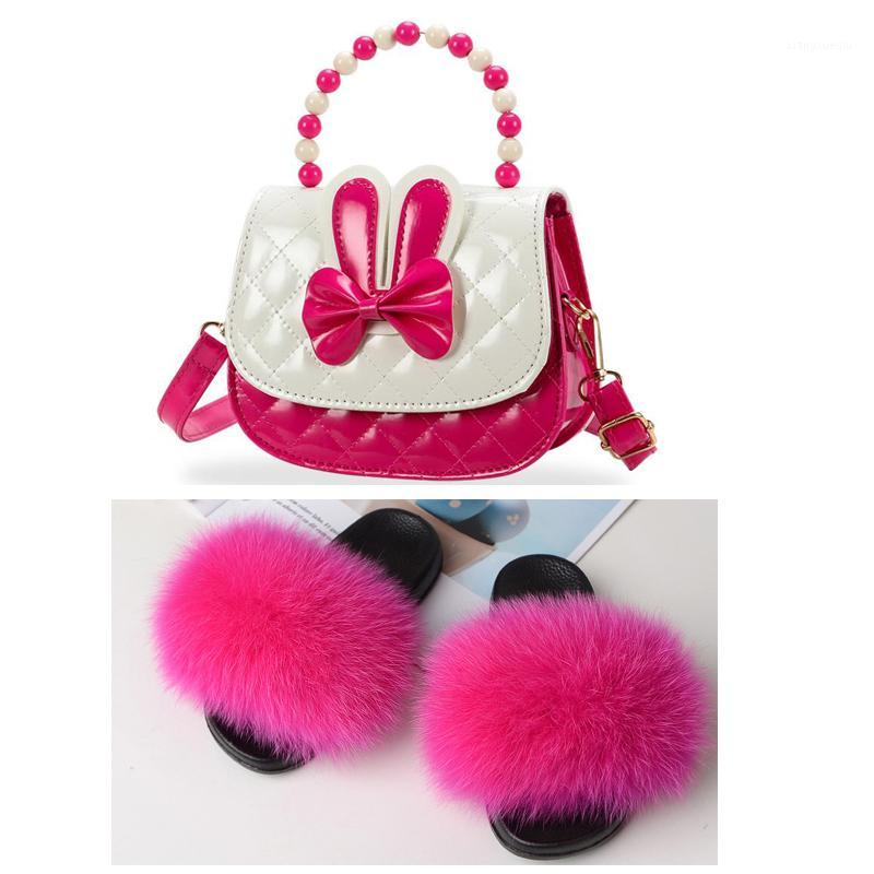 

Cute Cartoon Children Fur Slides Princess Purse Suit Kids Cosmetic Bag Furry Rainbow Slippers Match Set Sweet Girl Sandals Hot1, Faux fur