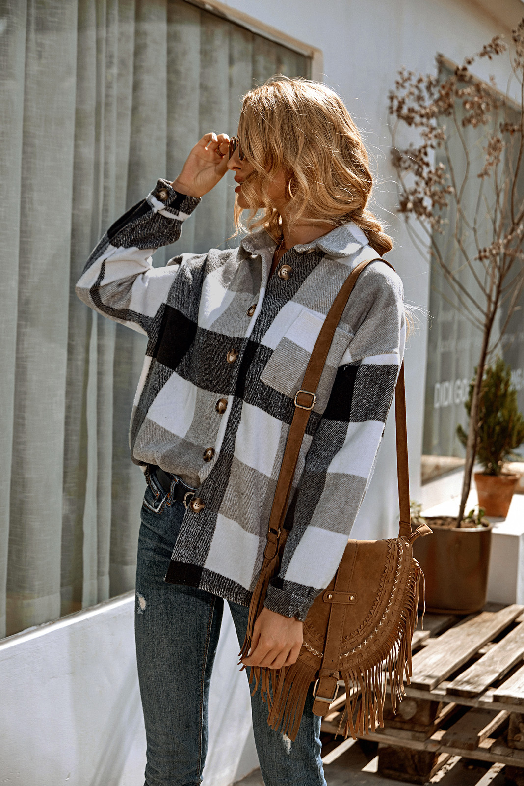 

casual Womens button up loose baggy retro plaid wool blend turn down neck shirt vintage girl jackets long sleeeve check shackets 8TP4, Black