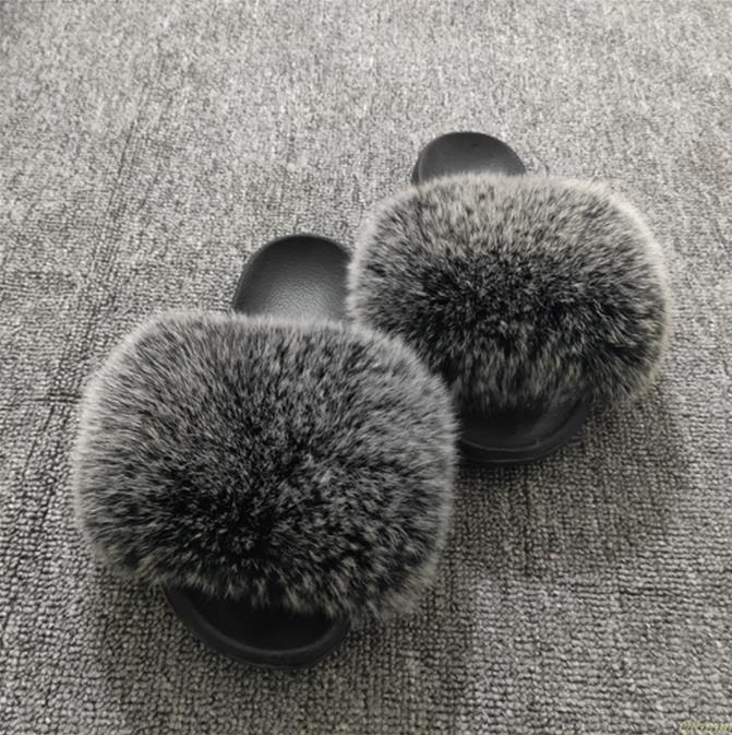 

Summer Raccoon Fur Slippers For Women Fluffy Real Hair Slides Plush Home Sandals Fashion Cute Rainbow Flip Flops Ladies Shoe, As photo