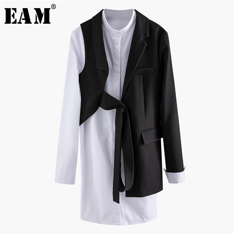 

[EAM] Women Black Asymmetrical Two Piece Blazer New Lapel Long Sleeve Loose Fit Jacket Fashion Tide Spring Autumn 1N904 201114
