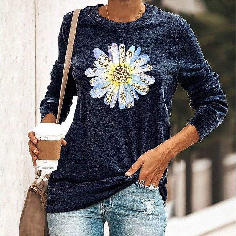 women's T shirt Floral Graphic Daisy Print Round Neck Basic Tops Green Blue Black R0UB#
