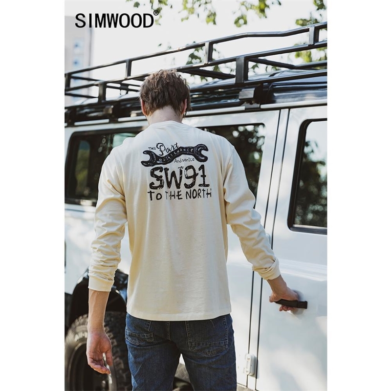 

SIMWOOD Autumn New long sleeve tshirt men letter print tops 100% cotton 240g thick plus size comfortable t-shirt 201203, Ivory white