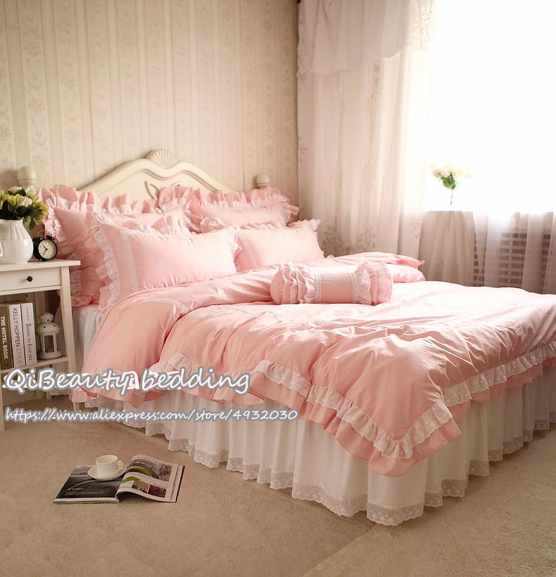 

Korean version of pure pink lotus leaf inlaid lace bed skirt cotton wedding bedding Duvet cover queen, Pink bed skirt kit