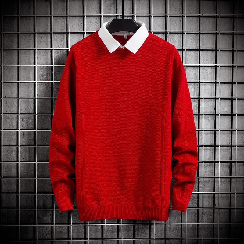 

Fit Knitted Mens Fake Two-piece Solid Pullover Sweater Shirt Pull Up Long Sleeve Jumper Autumn Male Sweaters Pullovers 2020 New, Se808 black