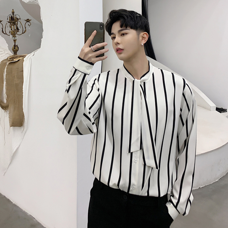 

2021 New Spring Designer Stripe Black White Loose Show Fine Long-sleeved From Decorative Bow Decoration Shirt of Popular 2WAU