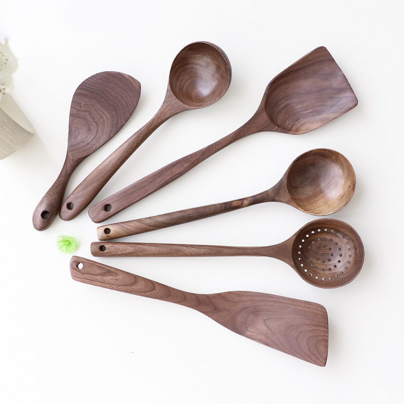 

2021 New 5pcs Black Walnut Non-stick Spatula Spoons Long Handle Wooden Spoon Cooking Kitchen Utensils Set 1kn7