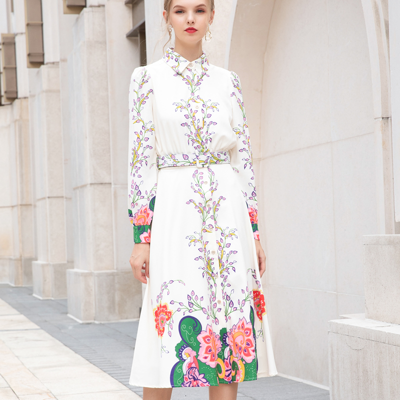 

2021 New Autumn Retro Printing Belt Stylish Temperament Long Sleeve Mid-length Shirt Dress Women's Clothes M1lm, Multiple
