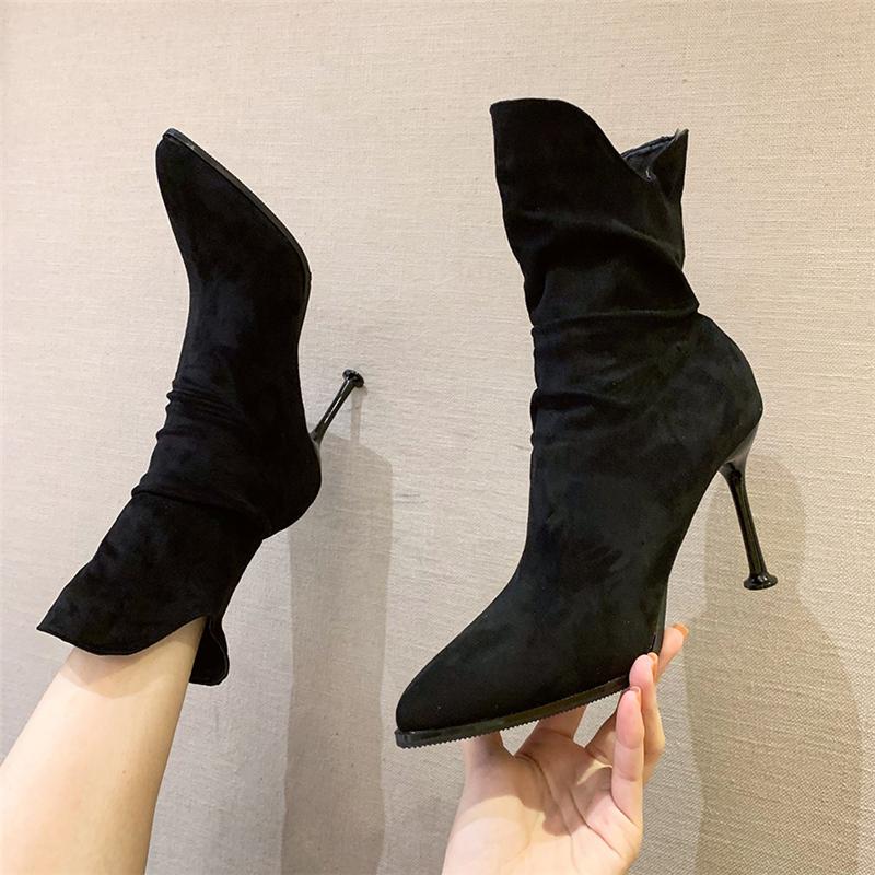 

2021 Women Fashion Plush Boots Female Flock Pointed Toe Stiletto Ankle Booties Lady 9cm High Heels Stretch Botas Shoes, Apricot
