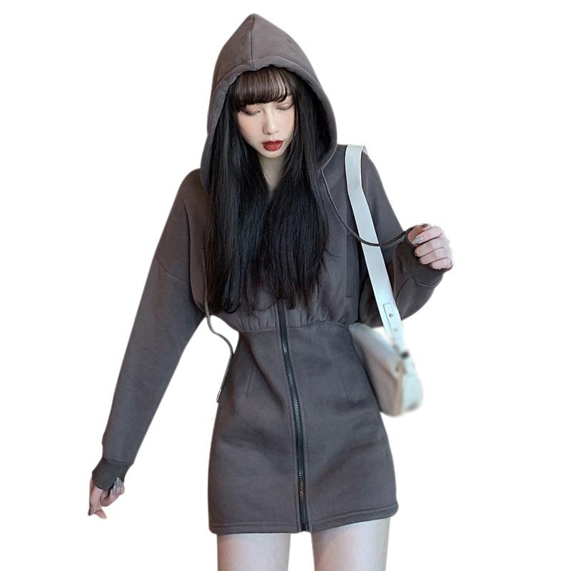 

Autumn Winter Retro Net Red Sexy Waist Slim Thin Hooded Dress Ladies Korean Casual Solid Color Long Sleeve Dress Women Clothes