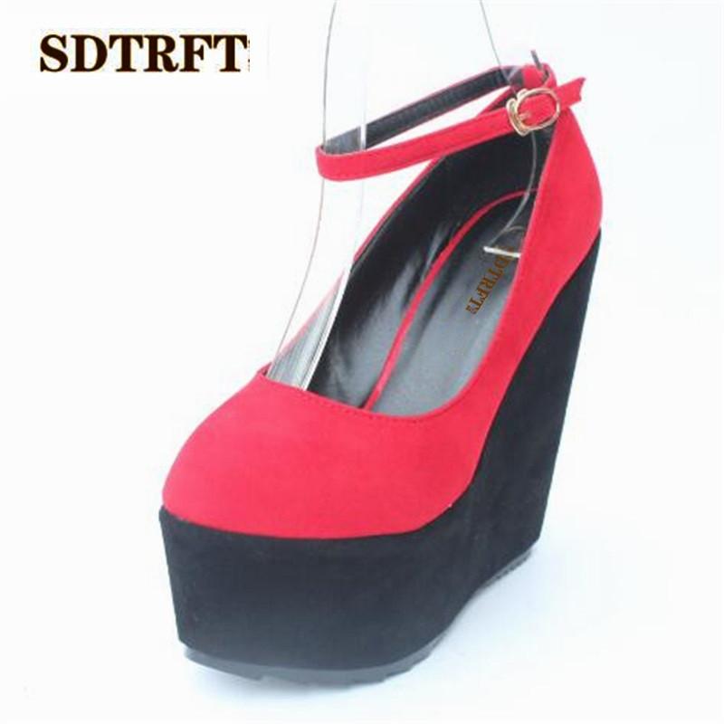 

SDTRFT Crossdresser Spring/Autumn Stiletto 15cm wedges Nightclub pumps platforms Ankle strap Flock shoes woman zapatos mujer, Black