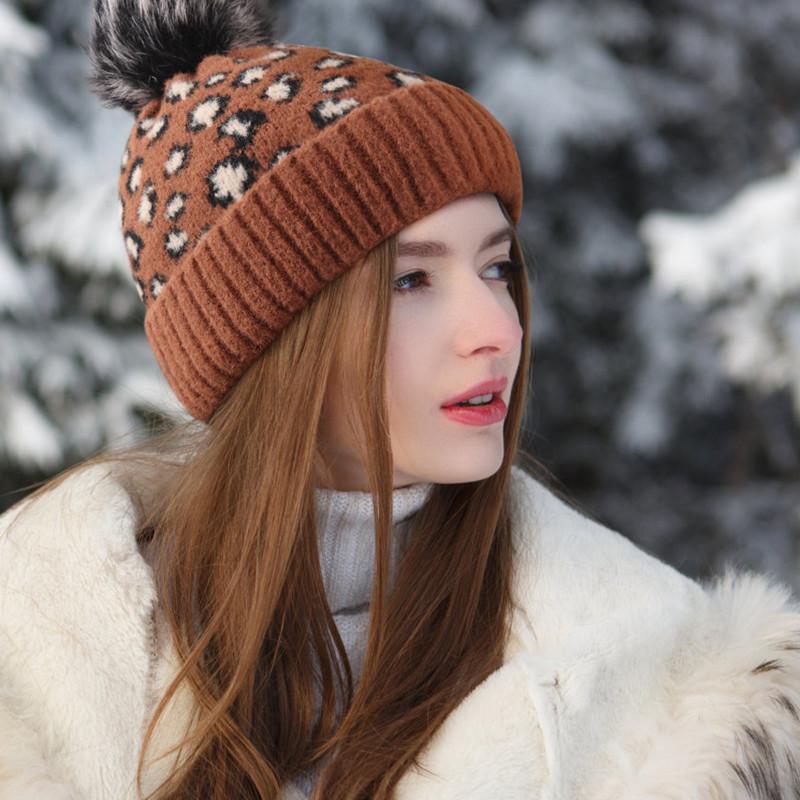 

Brand Winter Leopard Cashmere knitted Pompom Beanies Hats Women Thick Warm Beanie Skullies Hat Female knit Bonnet Beanie Caps, White