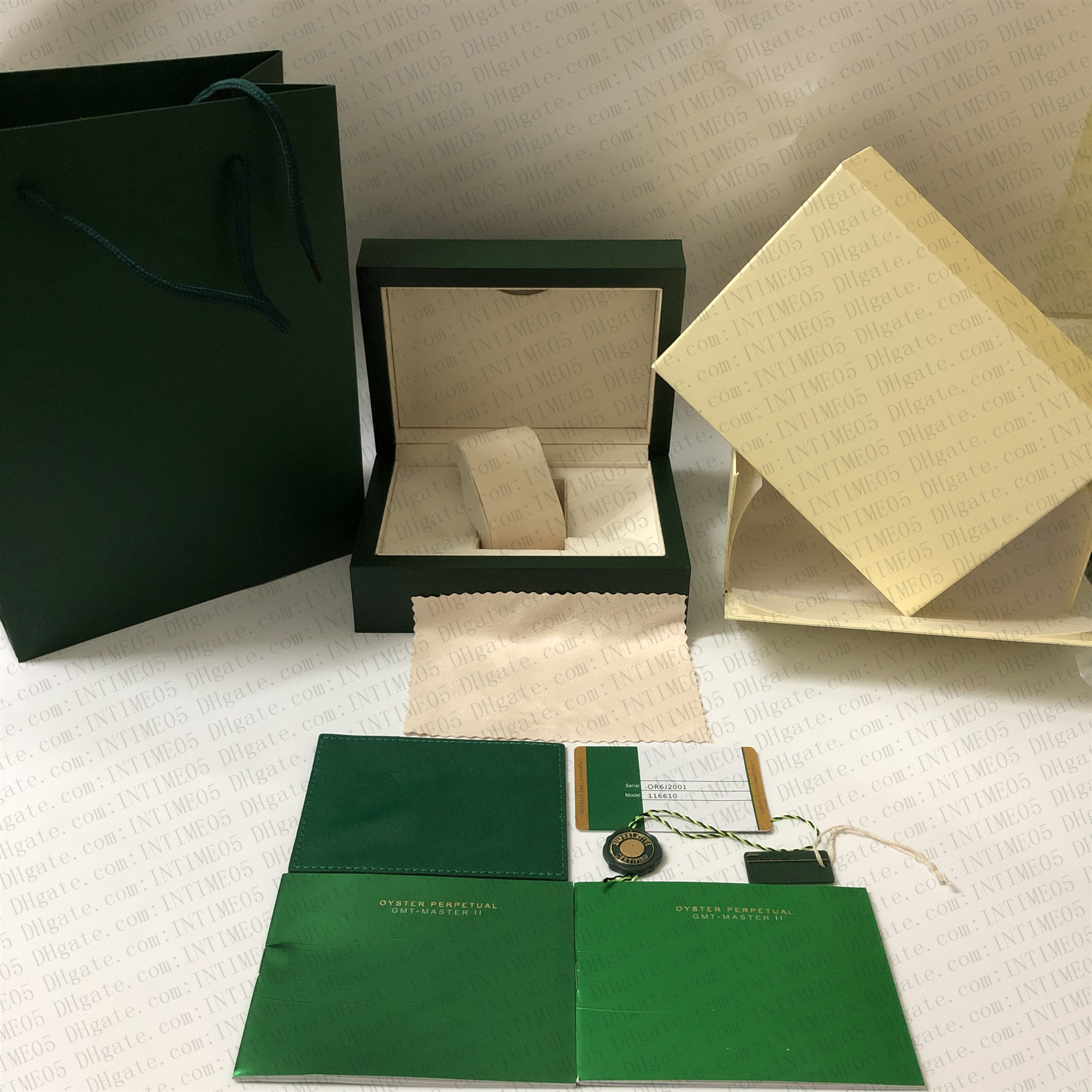 

Newest Style Free Shipping Green Watch Original Box Papers Card Purse Gift Wood Boxes Handbag For Watches Case