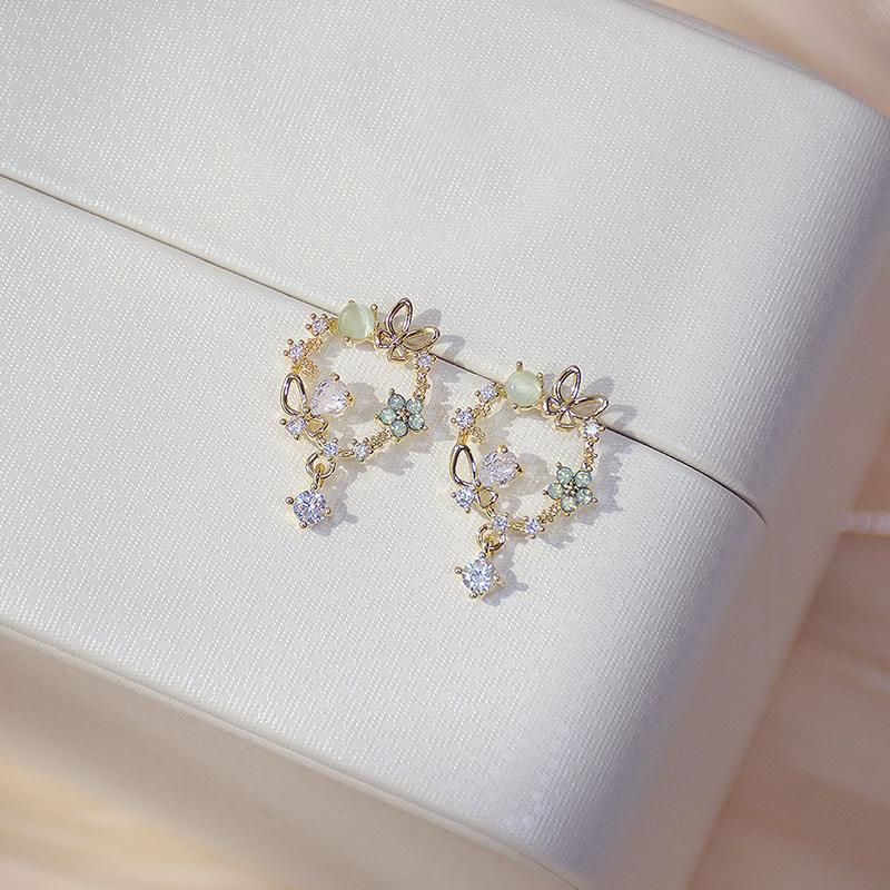 

14k Real Gold Fshion Simple Gemstone Wreath Earring for Girl Zirconia Temperament Stud Earrings Wedding Jewelry Pendant