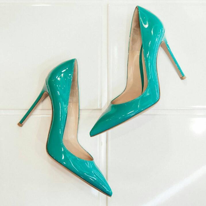 

Fresh Hot Spring Sexy Women Blue Leather Bombs Patent Party Pointy Foot Ladies Slipping in High Heel Mode Qteu, The picture