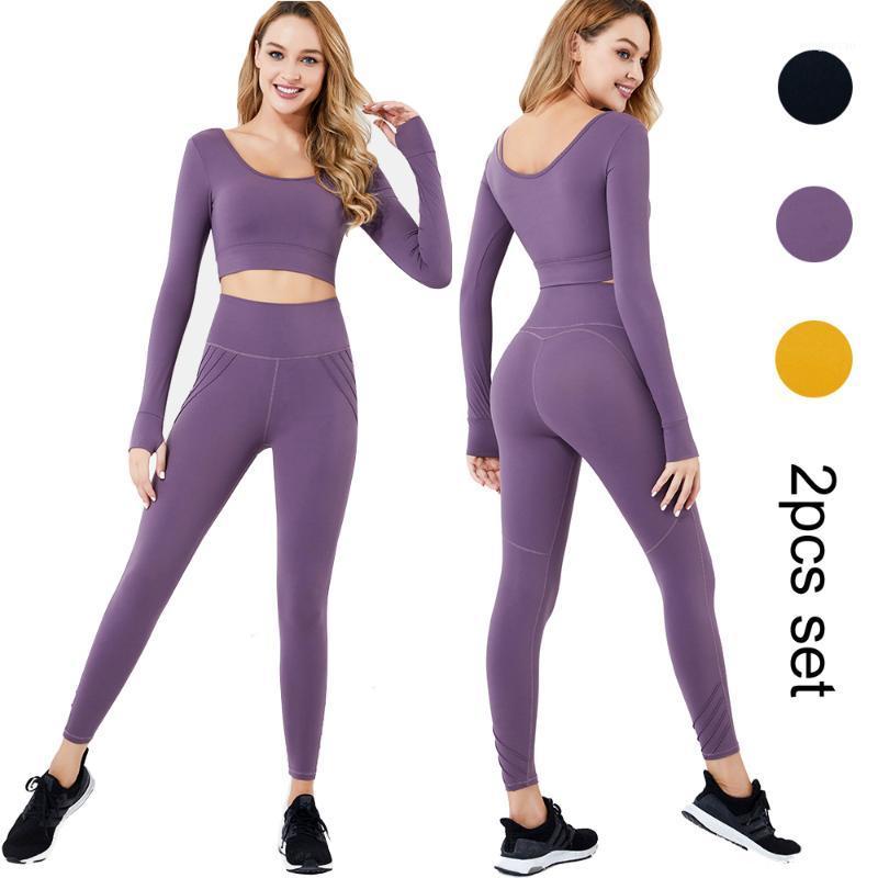 

Women Yoga Set Long Sleeves Top and Leggings 2 Piece Suit Workout Sportwear1, Black