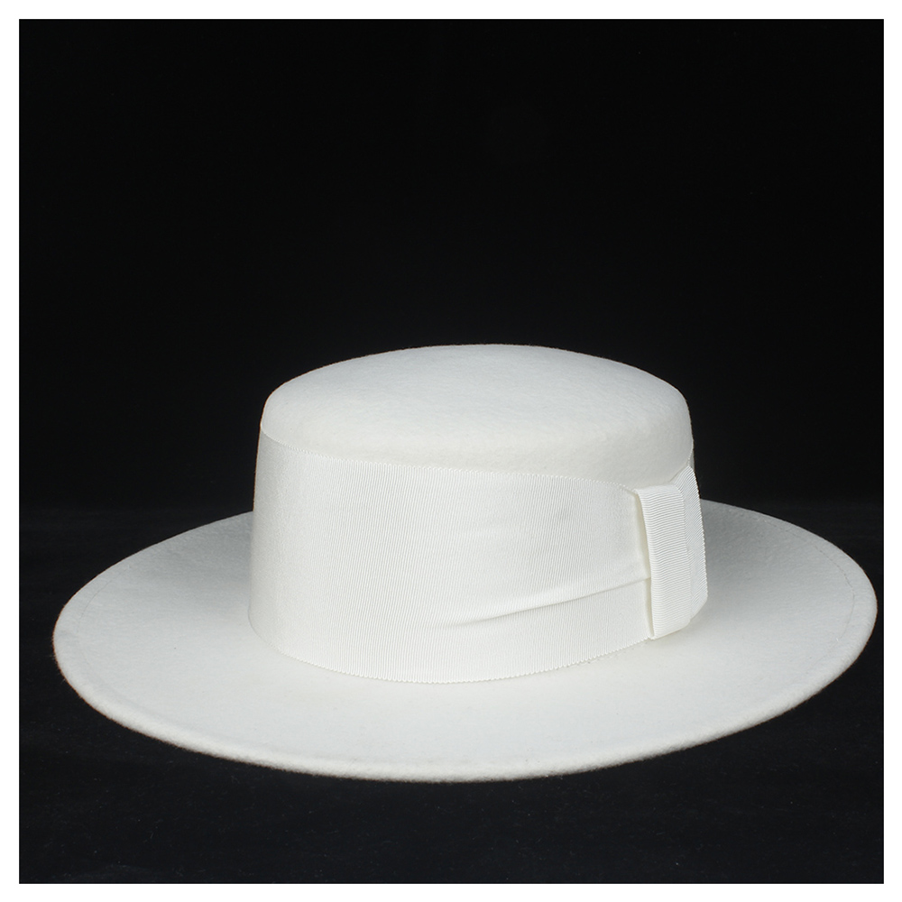 

Hot Sale-100% Wool Women White Flat Top Hat With White Ribbon Fedora Hat Wide Brim Fascinator Size 56-58CM