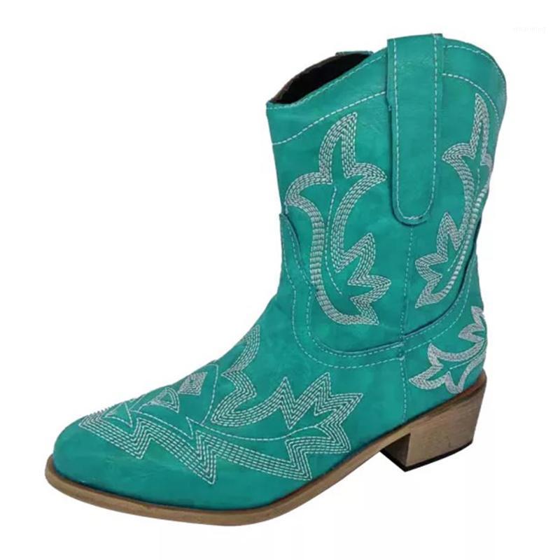 

Women Embroidery Mid-calf Boot Woman Vintage Low Heel 2021 New Ladies Autumn Winter Slip On Shoe Female Footwear Plus Size 36-431, Black