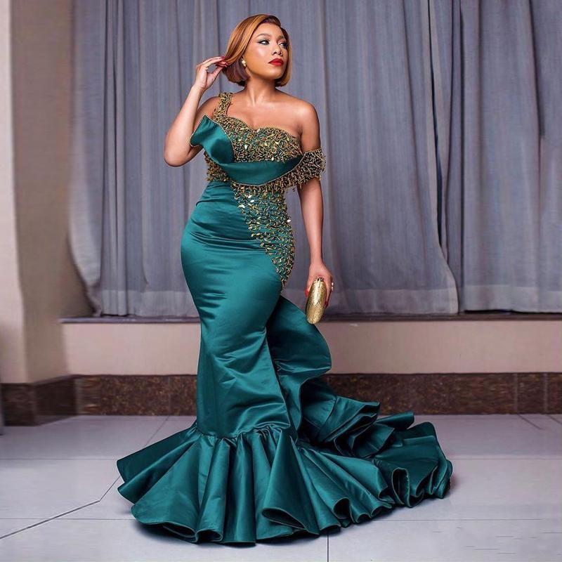 Dark Green Evening Dresses One Shoulder Beaded Sequins Ruffles Satin Long Prom Gown Plus Size Women's Celebrity Party Dress
