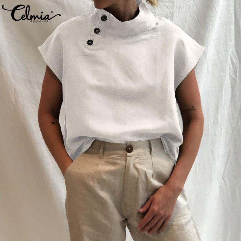 

Women's Blouses & Shirts Celmia 2021 Stylish Tops Women Summer Short Sleeve Cotton Linen Buttons Solid Tunic Shirt Casual Loose Blusas Plus, White