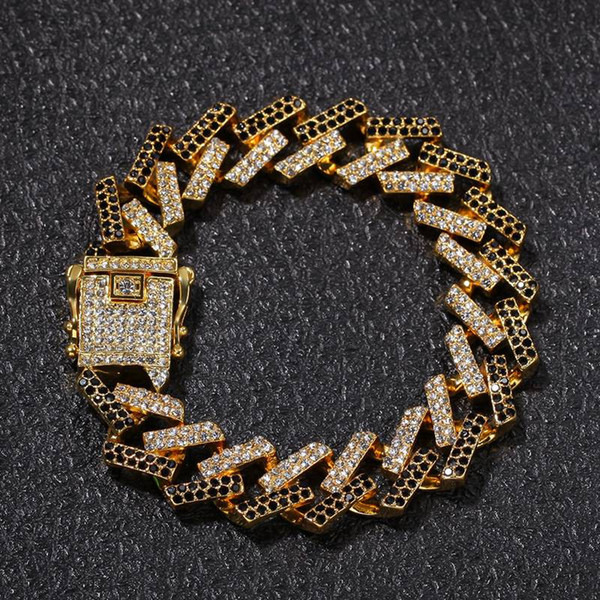 

Blue Mens Hip Hop Black Gold Diamond Bracelets Jewelry Fashion Iced Out Miami Cuban Link Chain Bracelet 8inch