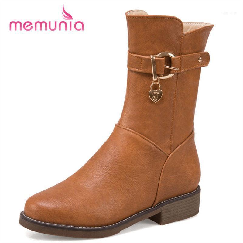 

Boots MEMUNIA Arrive 2021 Autumn Winter Med Heel Round Toe Square Mid Calf Warm Short Plush Size 34-441, Brown