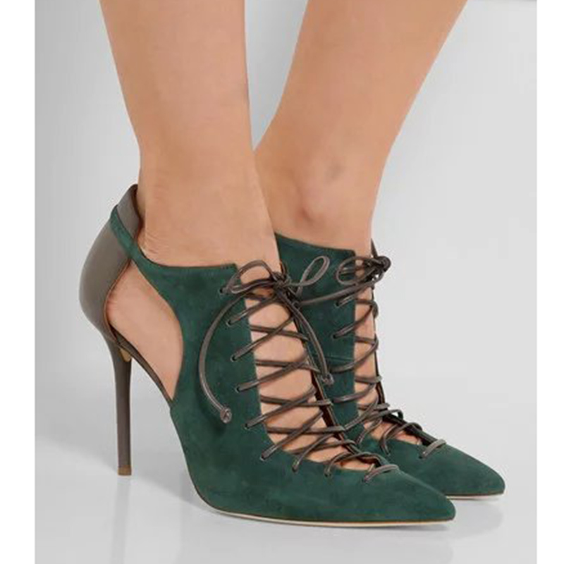 

New Sexy Mode Pointed Toe Cruz Lace Cut-outs Thin Women High Leap Mixed Color Patchwork Leather Lady Gladiator Shoes UZX6, The shows